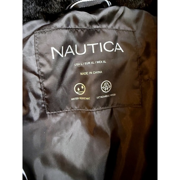 Nautica Womens Black Puffer Jacket Hooded Faux Fur Trim Water Resistant Size L - Picture 7 of 10